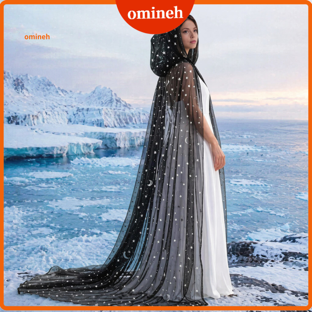 Witch Cape for Women Creative Cosplay Accessories Women’s Full-length Hooded Cloak Sheer Tulle Star Moon Design Hallow