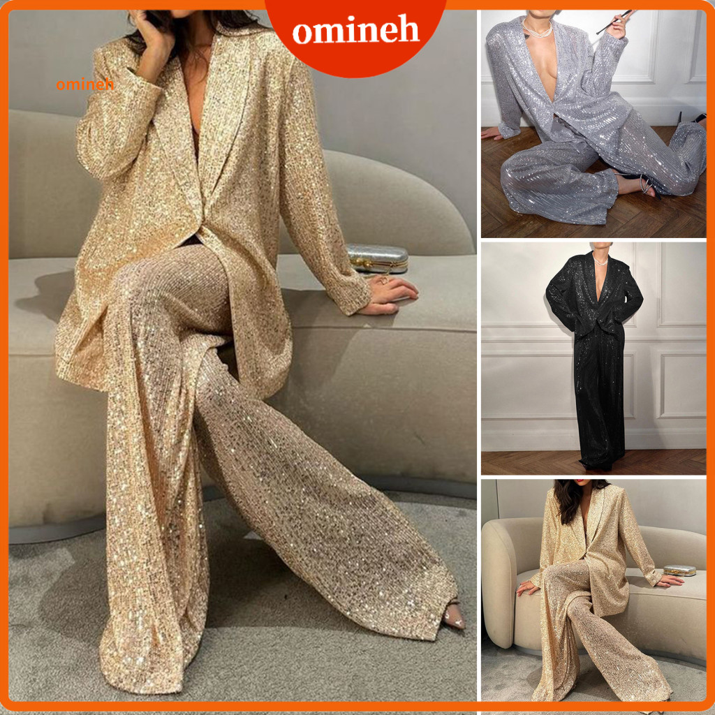 Spring Summer Autumn Suit Women Sequin Coat Women’s Shirt Wide Leg Oversized Trousers Set – V Neck Lapel Mid-length