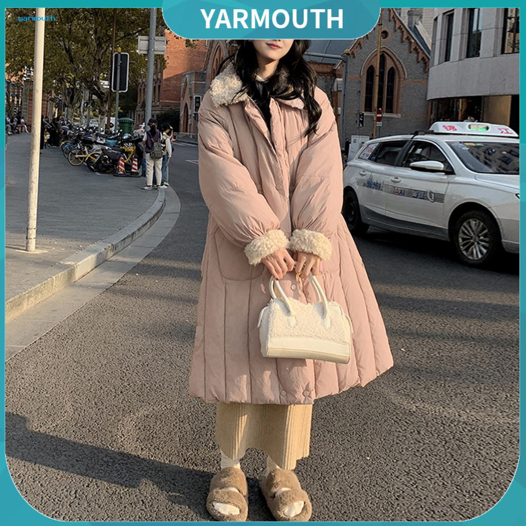 Women Cotton Coat Solid Color Outerwear Winter Padded Calf-length for Thickened Single-breasted Fleece Parka with Turn-d