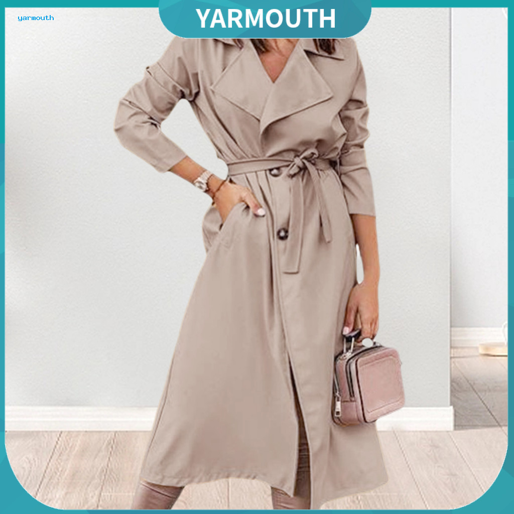 Long Sleeve Jacket Women Coat Winter Women’s Windproof with Lace-up Belt Double-breasted Warm Pockets Calf-length Wind