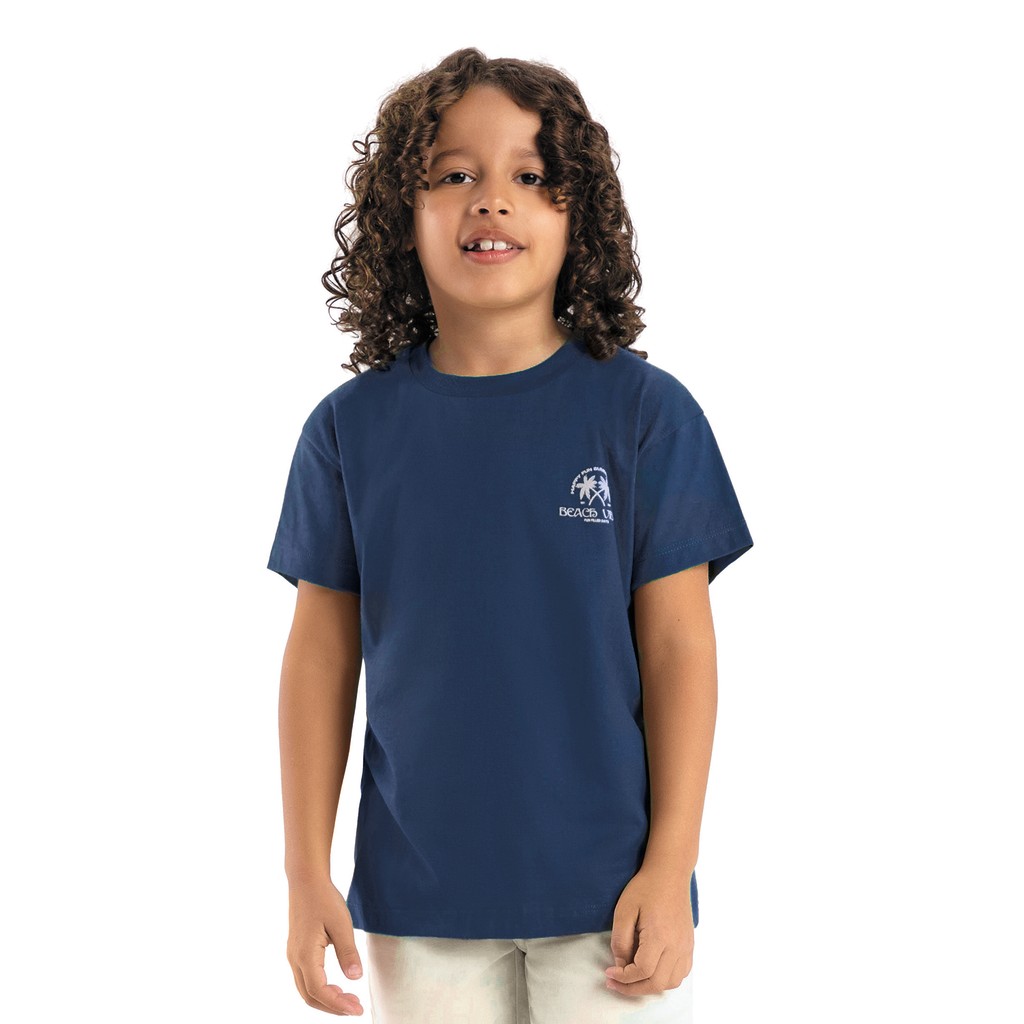 Camiseta Infantil Manga Curta Azul Marinho Beach Vibes Have Fun