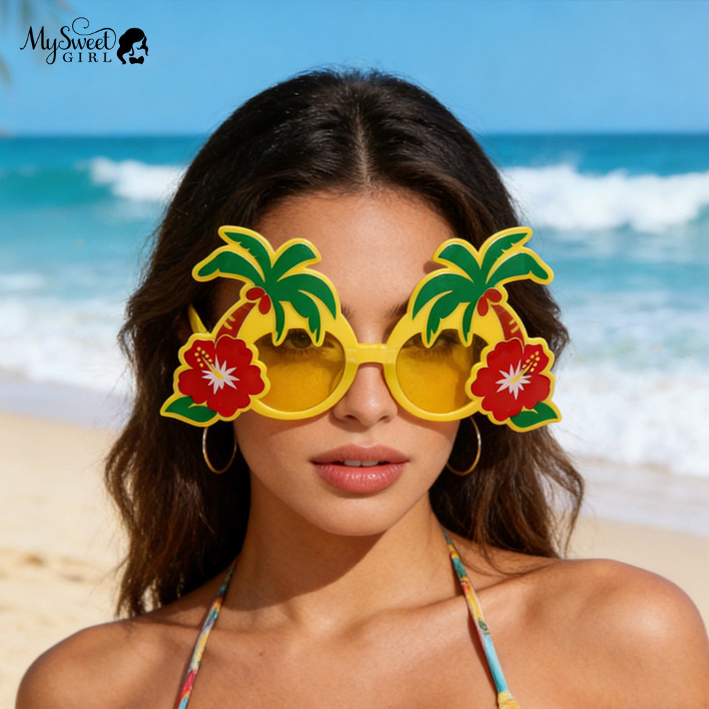 Decorative Mirror Sunglasses Tropical Vacation Accessories Hawaiian Party Palm Tree Hibiscus Flower Beach Glasses Fun Ph