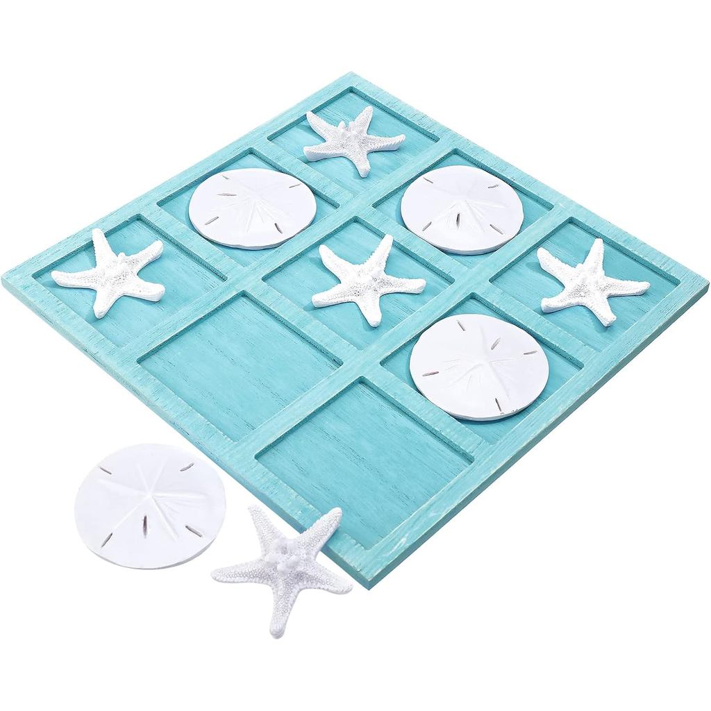 Sumind Beach House Decor Wooden Tic Tac Toe Game with Resin Seashell and Starfish Multilayer Tic Tac Toe Board Fun for F