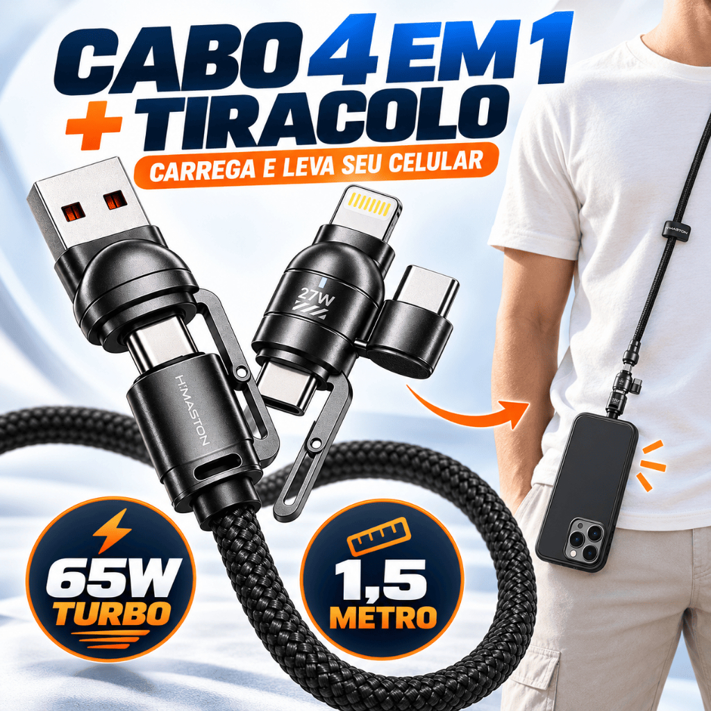 Cabo Carregador 4 em 1 H’Maston SJX48 65W 1,5m USB Tipo-C Lightning Turbo Reforçado Cordão Tiracolo