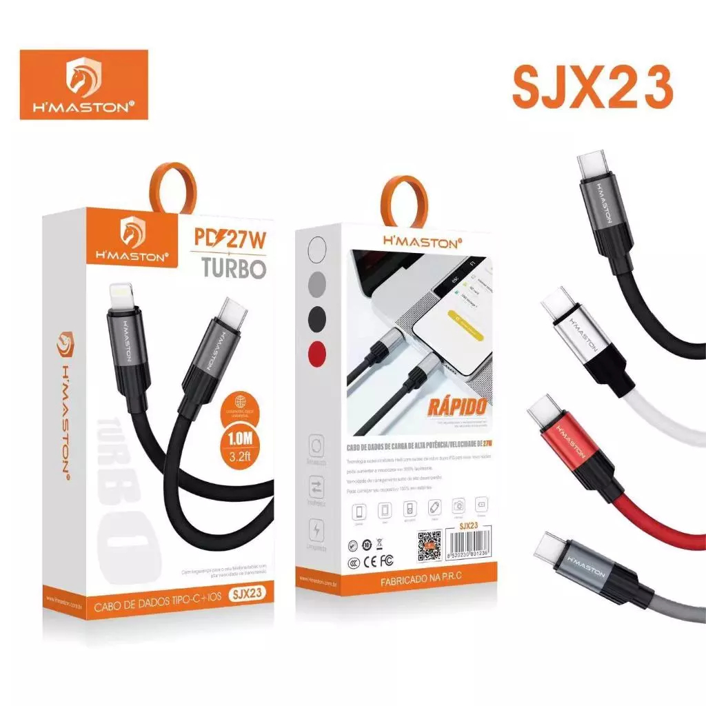 Cabo Carregador H'maston SJX22 65W Turbo Rápido 1m USB Tipo-C e Lightning Reforçado