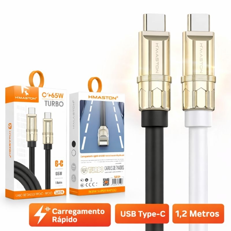 Cabo SiliconeUSB-C para USB-C 65W Turbo H'Maston SJX26 1 Metro Carregamento Rápido Tipo C