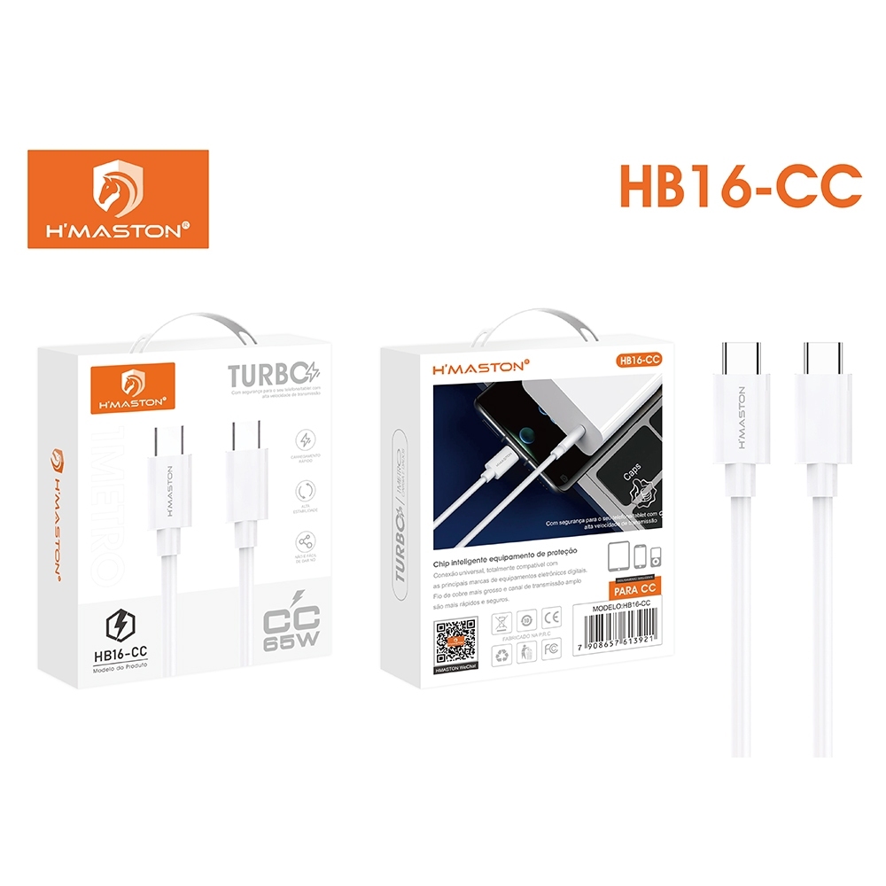 Cabo Carregador Turbo Tipo C para Tipo C 65W H'Maston 1 Metro (HB16-CC)