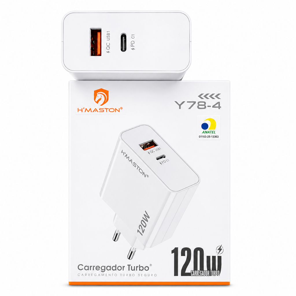 Fonte Carregador de Parede Turbo 120W H'Maston Y73-4 Saída Dupla USB-A 65W e USB-C PD 55W Bivolt Certificado Anatel