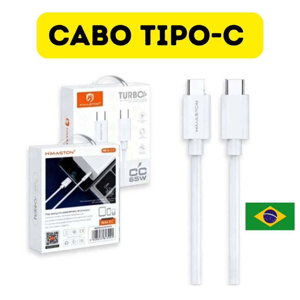 Cabo Carregador Turbo H'maston 6A 65W Tipo C Rápido Dados HB16 Resistente
