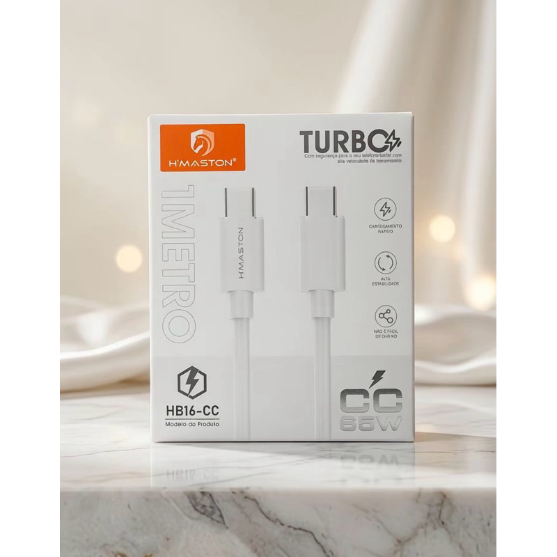 Cabo USB Tipo C H'maston 65W Turbo Carregamento Rápido 1 Metro - Tipo C / C dois lados