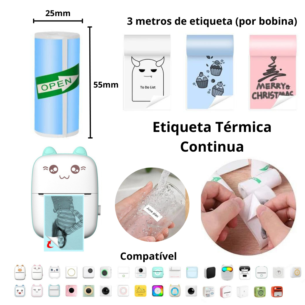 Bobina Etiqueta Térmica Contínua Adesiva Premium 57x25mm 3 M Colorido Rolo Para Mini Impressora Portátil a Prova De Água
