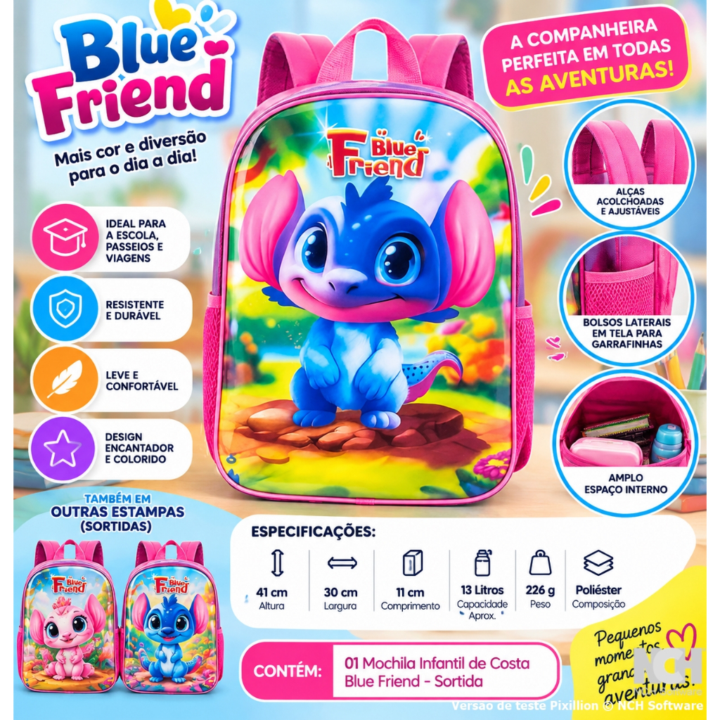 Mochila Infantil de Costa Blue Friend - Sortida escola estudante aluno menina presente aula caderno