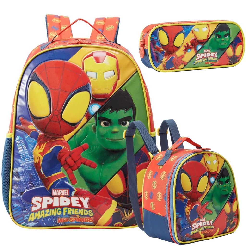 Kit Mochila Costas Lancheira Estojo Spidey Friends Miles Hulk Homem de Ferro Xeryus 13383