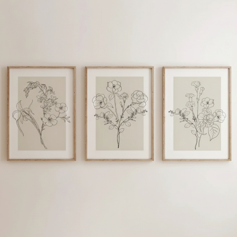 Quadro decorativo floral minimalista 3 peças