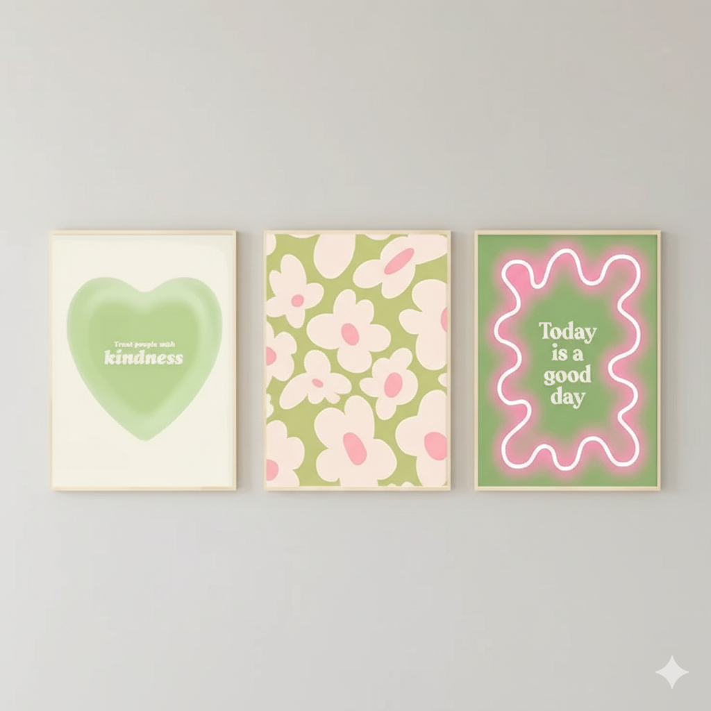 Quadros decorativos Abstrato verde floral coração cereja (3 peças)