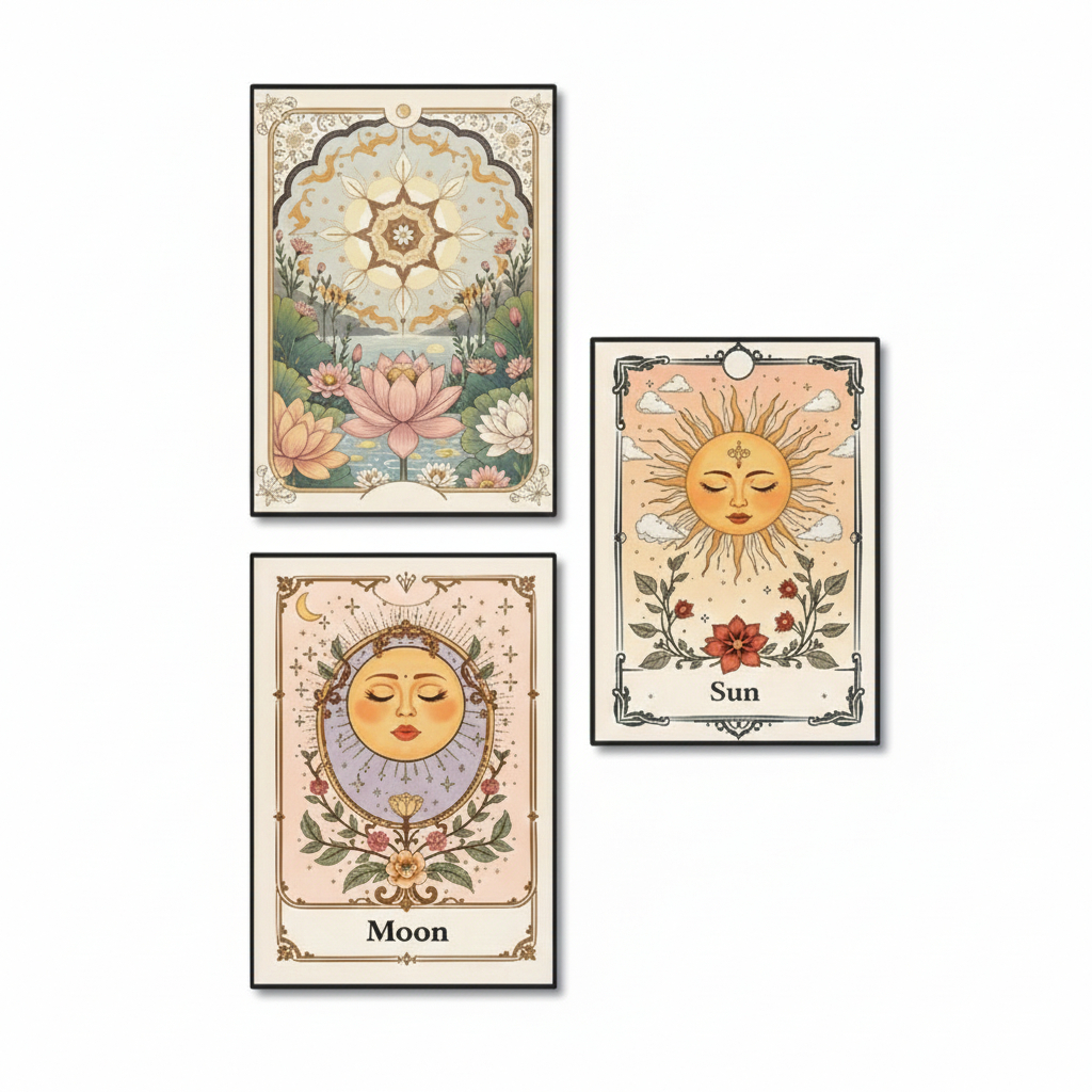 Quadros decorativos Sol lua floral boêmio celestial tarô céu lótus arte (3 peças)