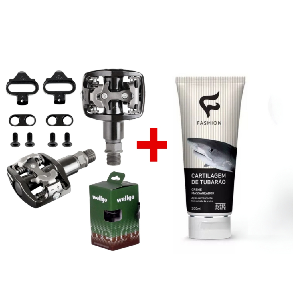 Pedal Wellgo Clip MTB WPD-823 Pto, Eixo Grosso 9/16 Com TacosGel  Massageador Cartilagem de Tubarão