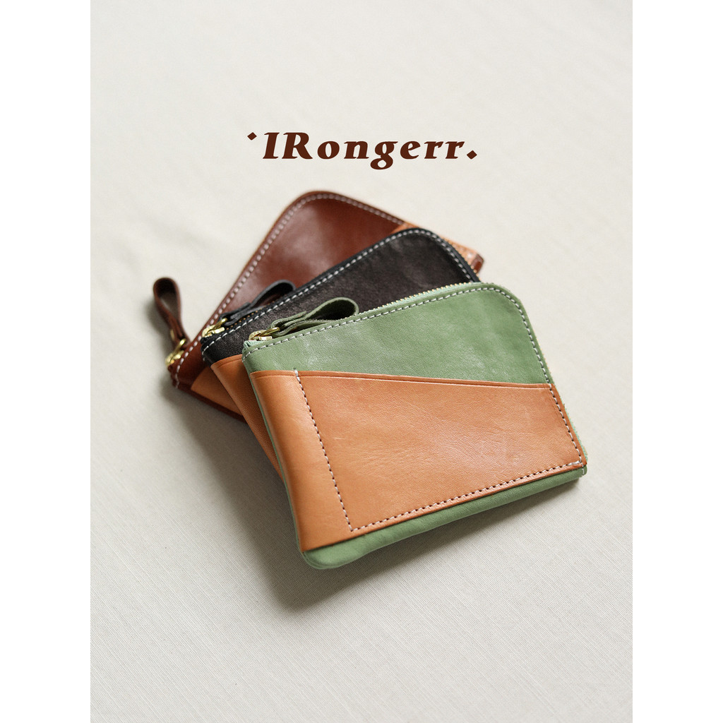 Rong Qing Retro artesanal primeira camada de couro contraste cor moeda bolsa contraste cor costura zíper titular do cart