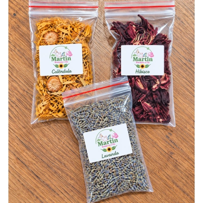 Mini Kit de flores desidratadas, calêndula, hibisco, rosa rubra e lavanda, roedores, enriquecimento ambiental, sensorial