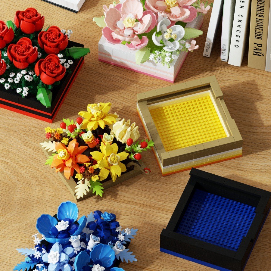 2026 presente de ano novo bloco de construção brinquedo buquê criativo rosa hibisco flor caixa montado ornamentos girass