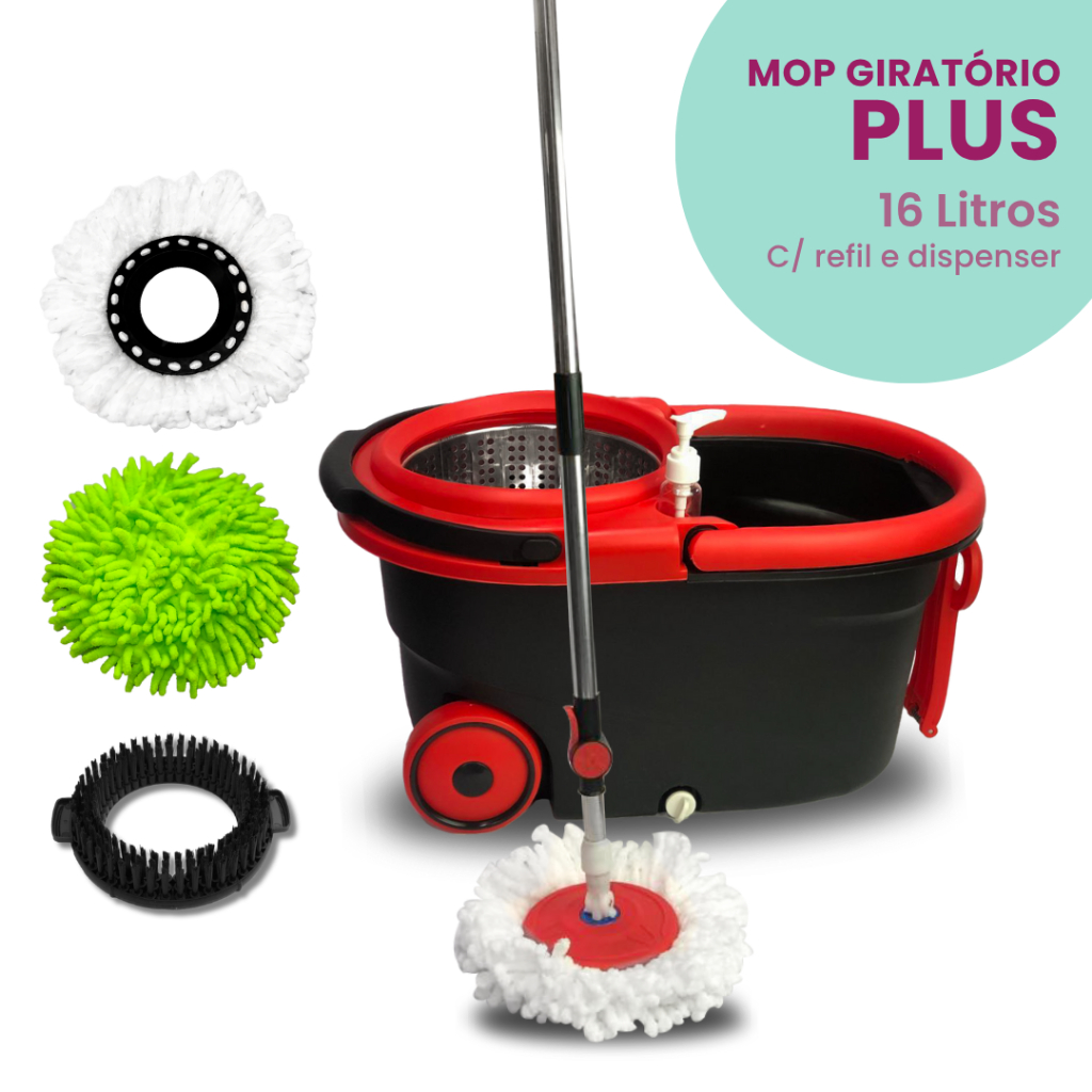 Mop Giratório Plus Com Cesto Em Inox - Cabo 150cm - Completo - Vermelho - Kaftor