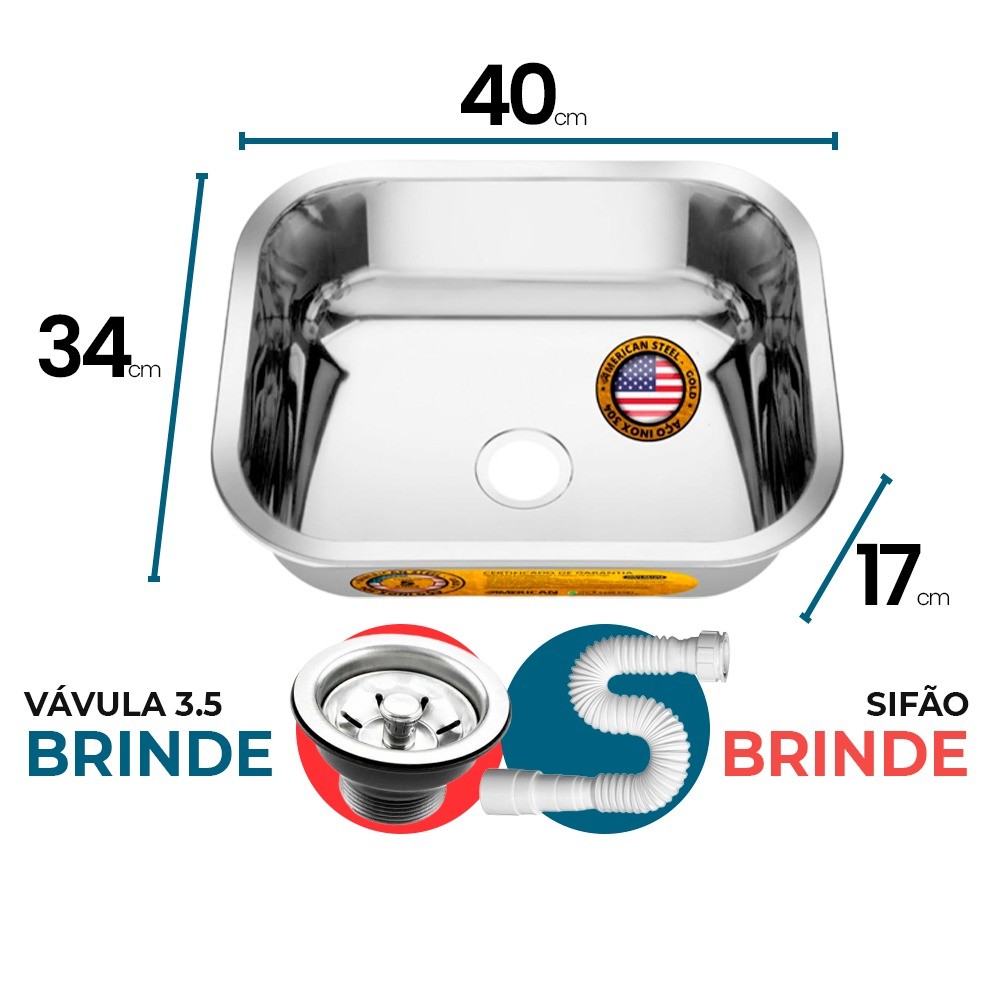 Cuba Aço Inox Gold Plus 40x34x17 Inox 304