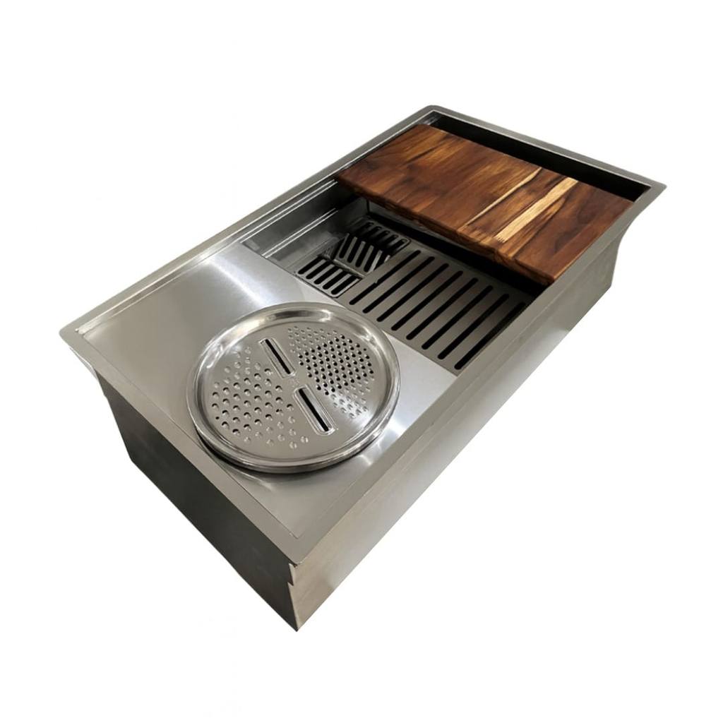 Cuba Workstation Tri Plus Aço Inox 304 84x48x25cm com Acessórios e Tábua Cozinha Gourmet Ecosul