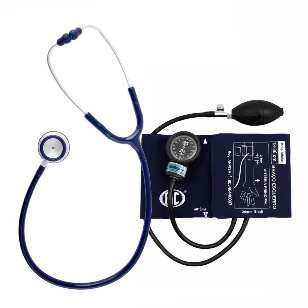 Esfigmomanômetro Bic Adulto Nylon Velcro e Estetoscópio Duplo Inox Azul New Innova Plus