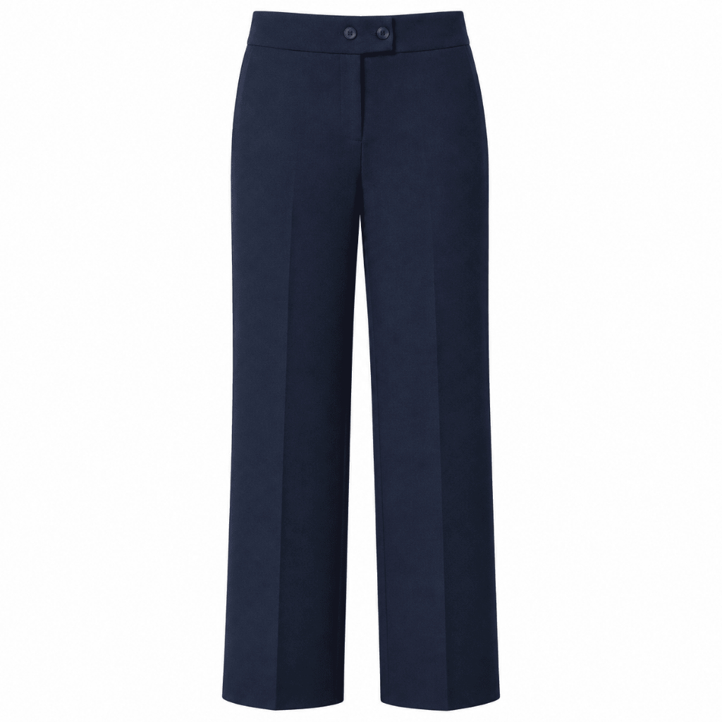 Calça Social Feminina Azul Marinho LS102 Oxford Cós Anatômico Dois Botões Lado A Lado Sem Bolso Reta Elegante Executiva