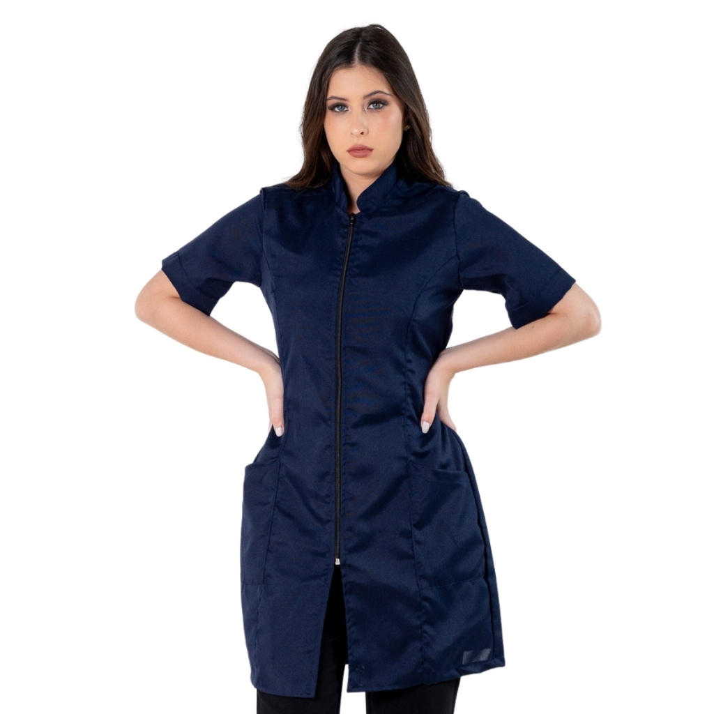 Jaleco Feminino Acinturado Básico Gola Padre Oxford Manga Curta Com Zíper Azul Marinho