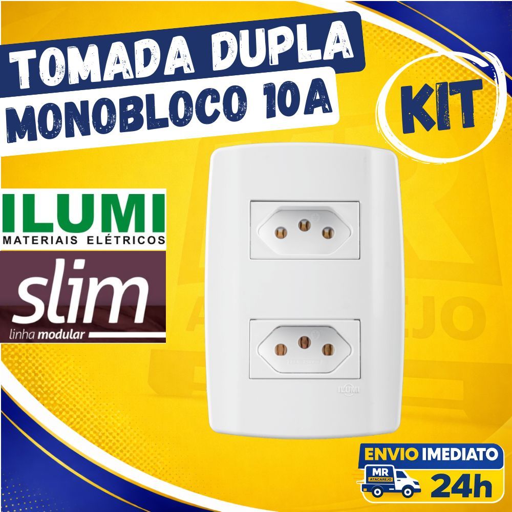 Kit Tomada Dupla Slim Ilumi Monobloco 10A 2P+T Branca Kit 3, 5 e 10 Peças