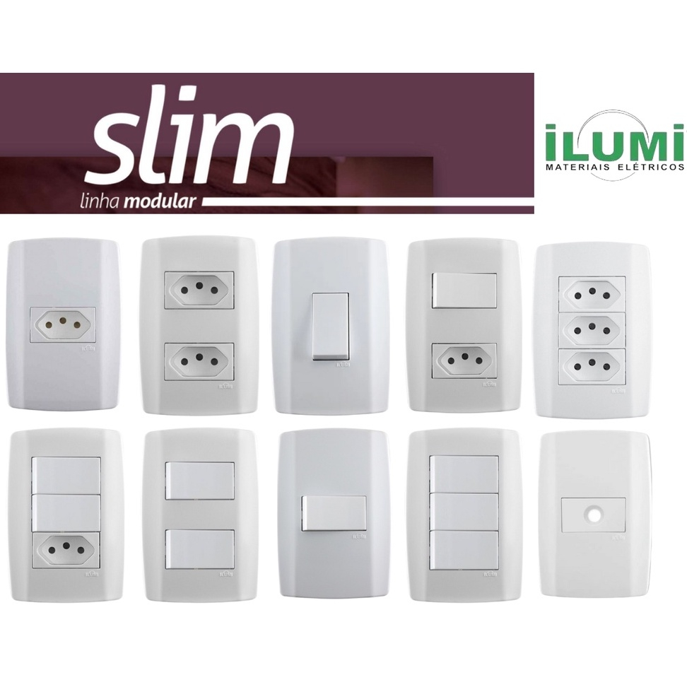 Tomada 10a 20a Interruptor Simples + Tomada e Interruptor Simples Three Way Ilumi Slim