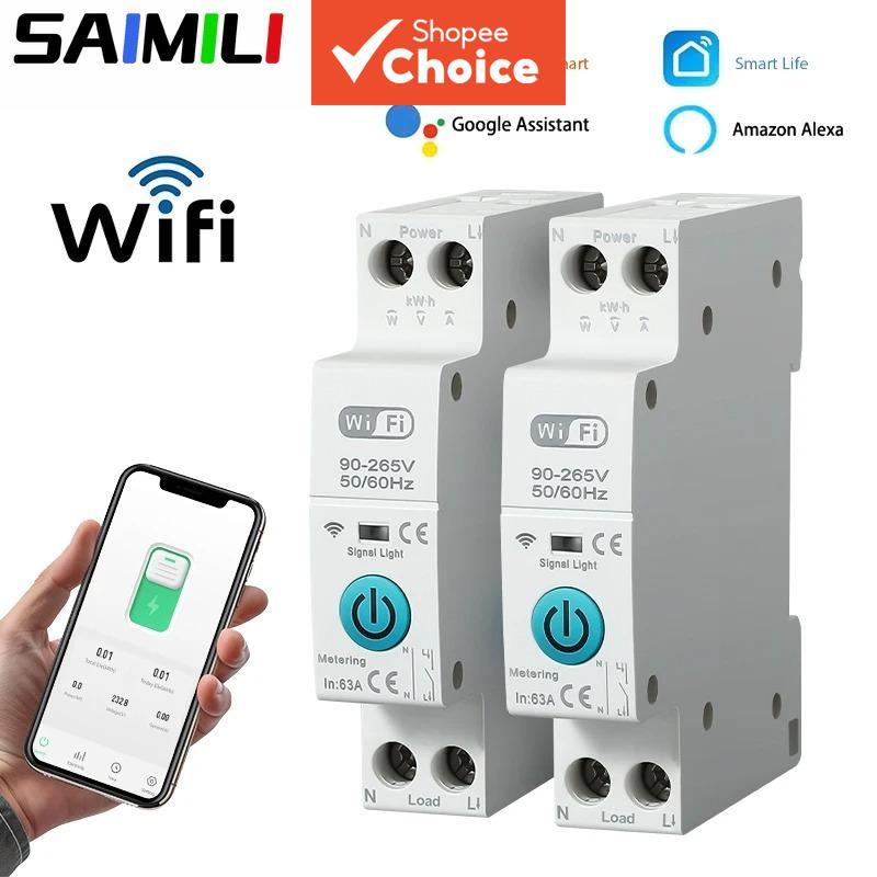 Disjuntor Inteligente Wi-Fi Tuya SAIMILI MCB 1P+N 63A Temporizador de Energia kWh Medidor de Tensão e Corrente Protetor