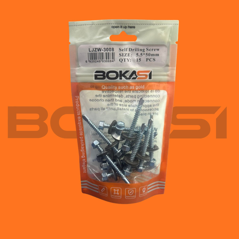Parafuso Auto Brocante 5.5x50mm com Arruela 15pcs BOKASI | Parafuso Telha Metal Madeira Alta Resistência