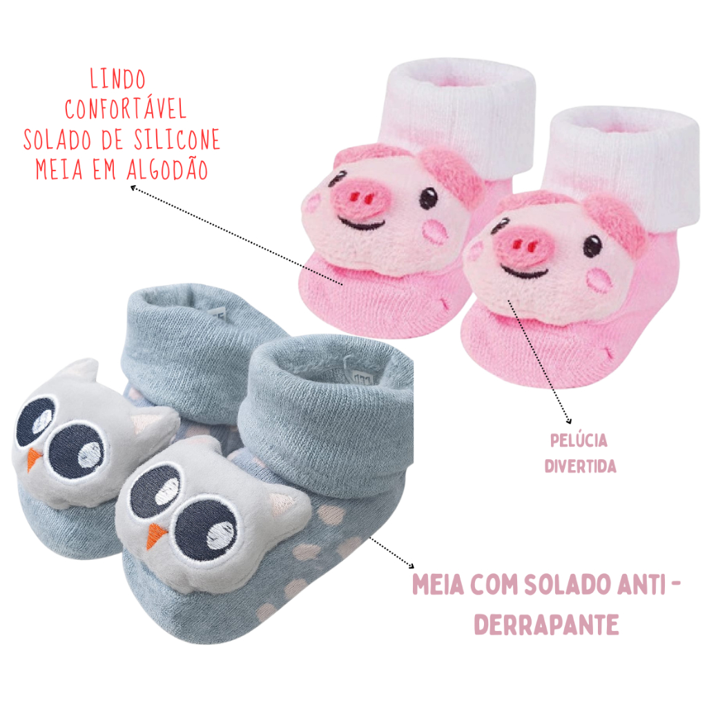 2 PARES MEIA COM SOLADO ANTI DERRAPANTE CANO MÉDIO COM PELÚCIA PIG E CORUJA MENINA PREMIUM EM ALGODÃO