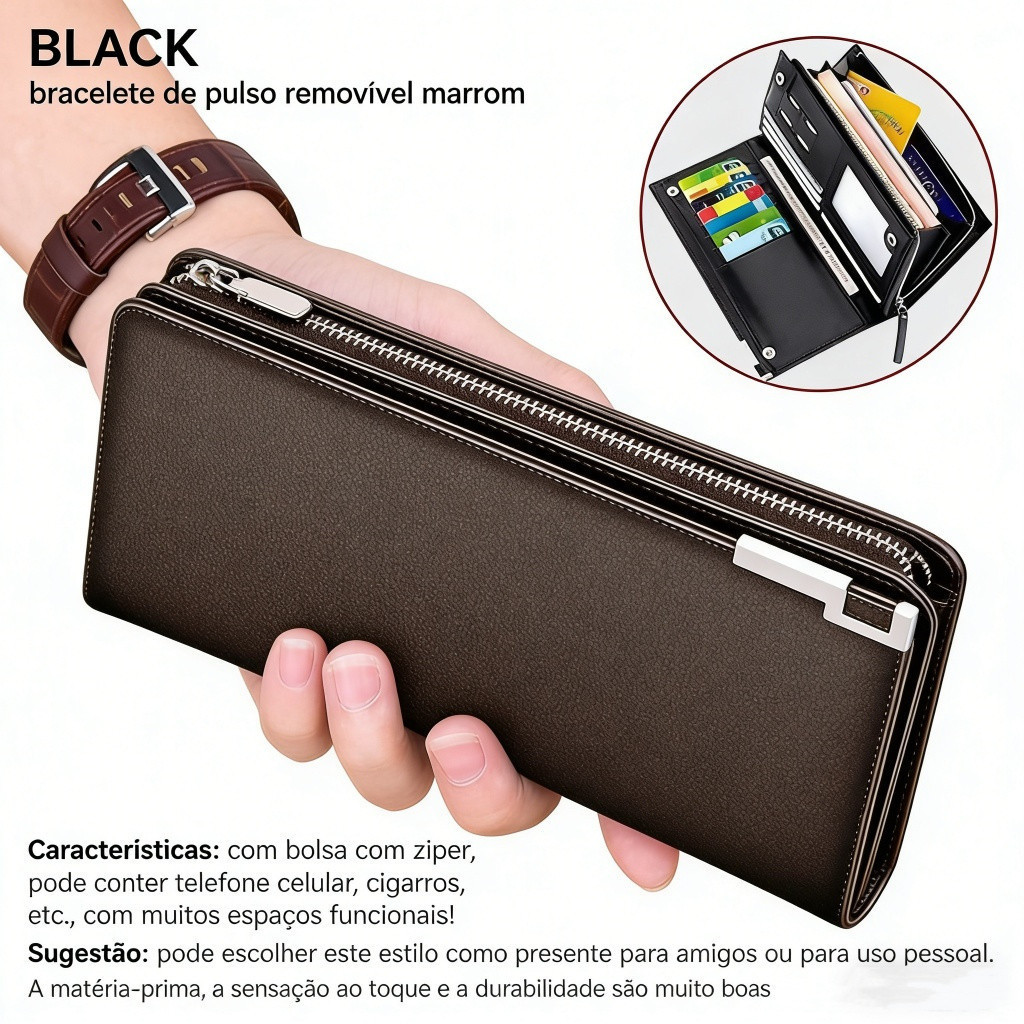 Men's Long Wallet with Large Capacity and Clutch in PU Leather with Retro Zipper