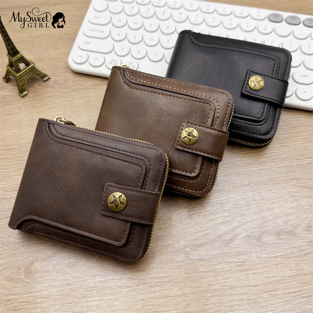 Large Capacity Wallet Wear-resistant Men's Vintage Faux Leather with ID Window, Zipper  Button Closure, Anti-Theft Front