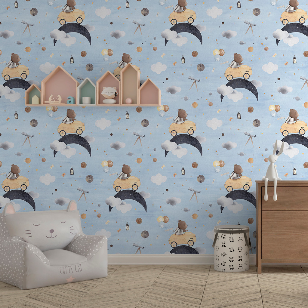 Papel de Parede Infantil Aquarela Ursinho Lua e Nuvens Azul | Quarto de Bebê Auto Adesivo Decorativo Céu Estrelado