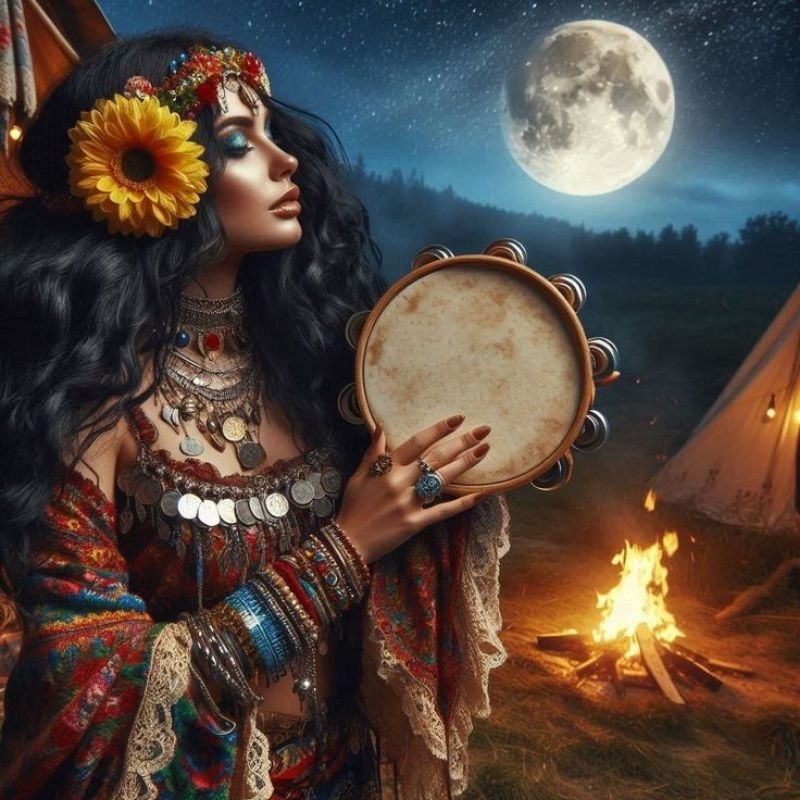 Quadro Decorativo Cigana Trocando pandeiro pra lua