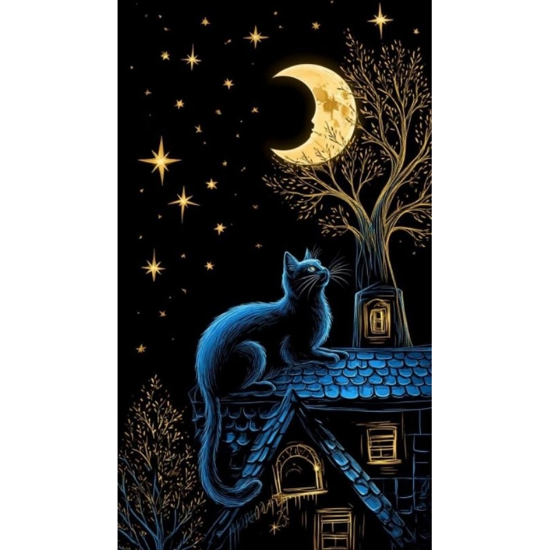 Quadro Decorativo Gato Preto na noite Lua