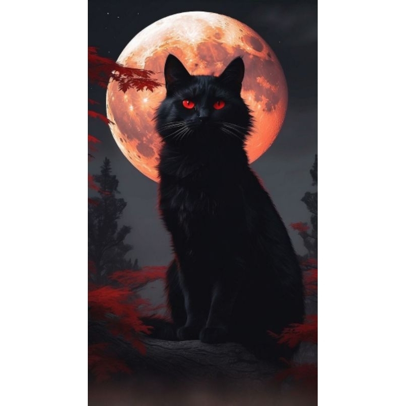 Quadro Decorativo Gato Preto com a Lua Vermelha