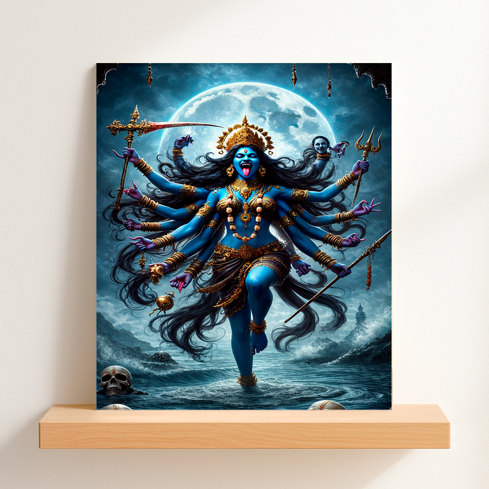 QUADRO DECORATIVO PLACA MDF-KALI NA AGUA COM A LUA NO FUNDO COM ESPADA DE GUERRA