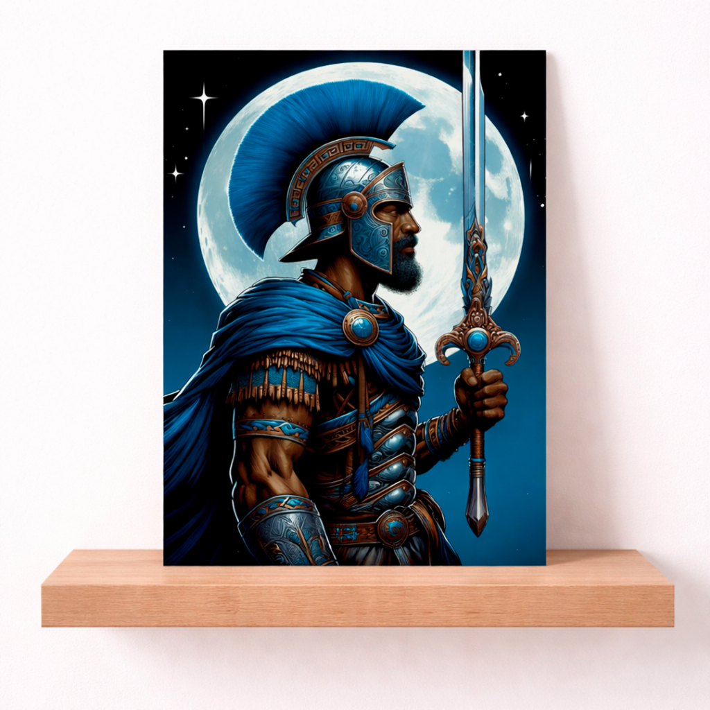 QUADRO DECORATIVO MDF-OGUM COM A ESPADA NO SEU ROSTO COM A LUA AZUL NO FUNDO