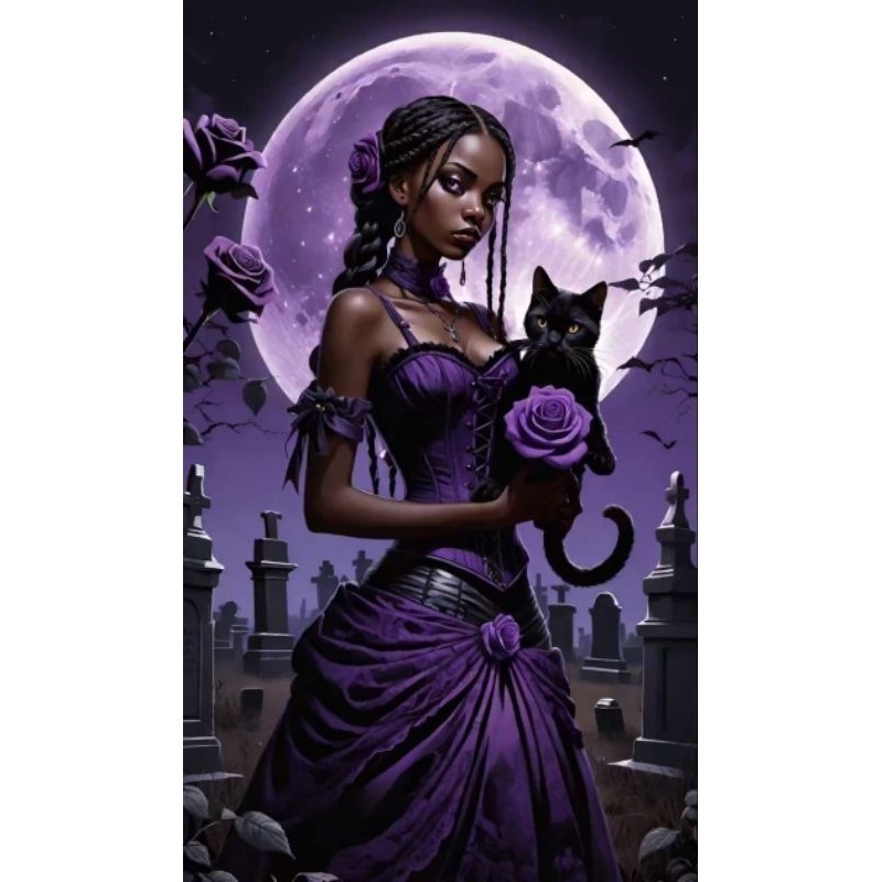 QUADRO DECORATIVO PLACA MDF- MARIA MULAMBO COM SEU GATO PRETO NO LUA ROXA