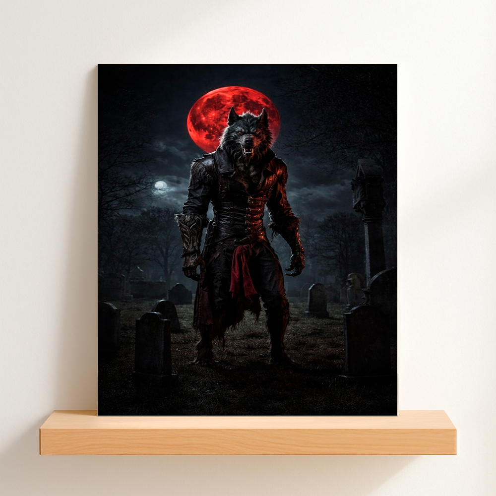 QUADRO DECORATIVO PLACA MDF-EXU LOBO NO CEMITÉRIO COM A LUA VERMELHA