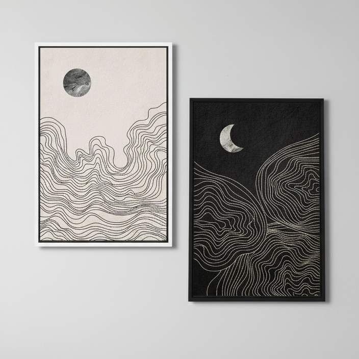 Quadros decorativos Abstrato Boho Preto, Branco, Sol, Lua, Moderno, Minimalista (2 peças)