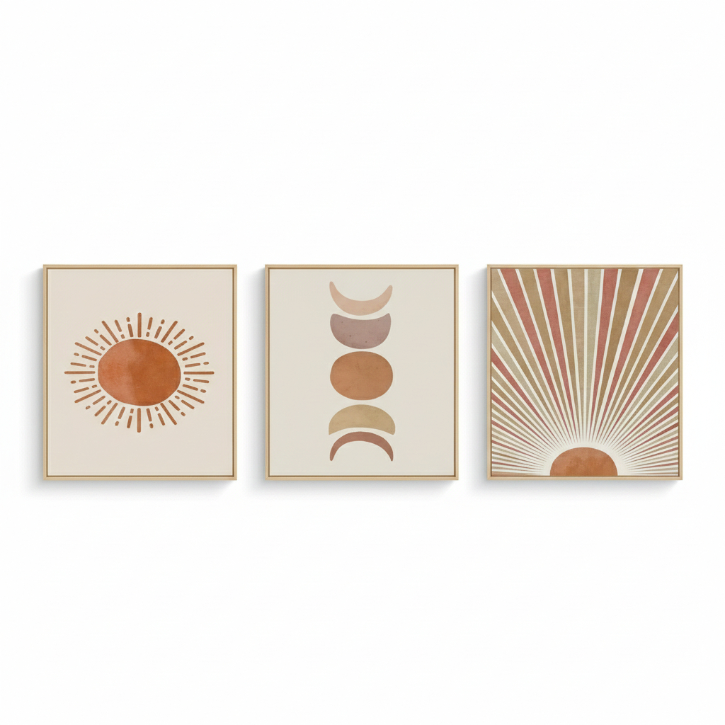 Quadros decorativos Sol e luas aquarelados e em tons pastéis (3 peças)