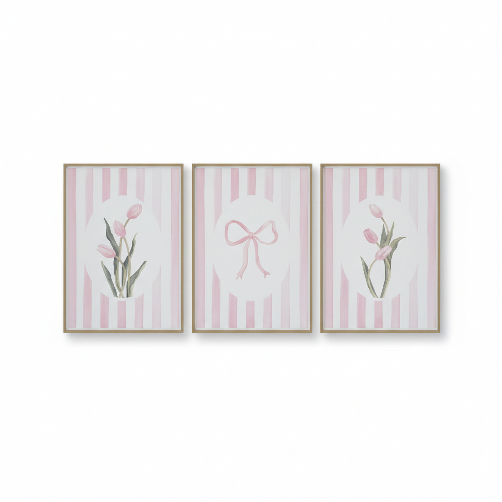 Quadros decorativos Laço rosa estampas florais listradas, tulipas, aquarelas (3 peças)