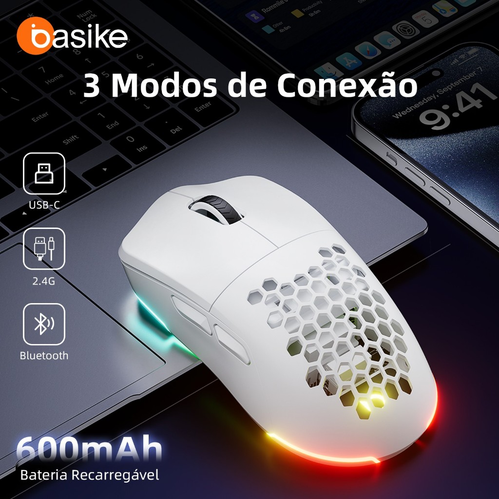 Mouse Gamer Basike 3 Modos, Botões Programáveis, RGB Vibrante, DPI 12800, Bateria 600mAh, Ergonômico com Capa Magnética