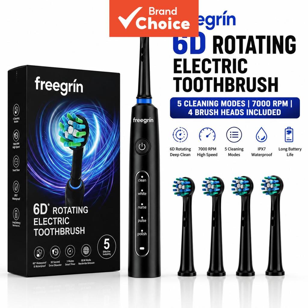 FREEGRIN Escova de Dentes Elétrica Rotativa 360° Tipo-C Carregamento Rápido 3H 600mAh Bateria de Lítio Suprimentos